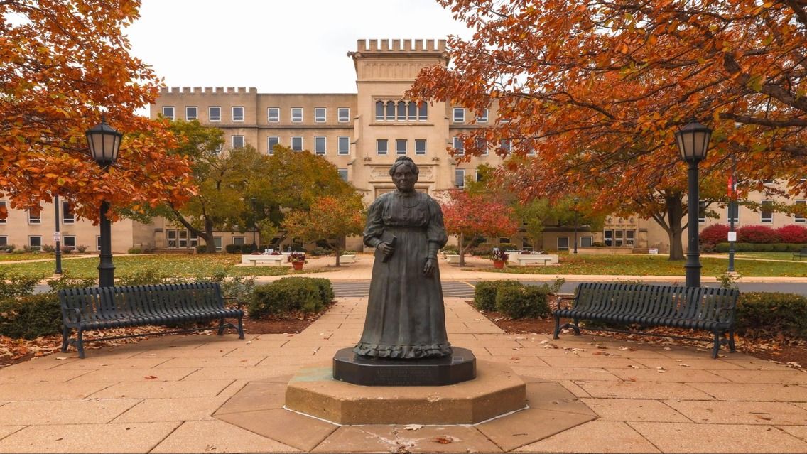 A statue of Lydia Moss Bradley stands in the center of Bradley University's campus in Peoria, IL.