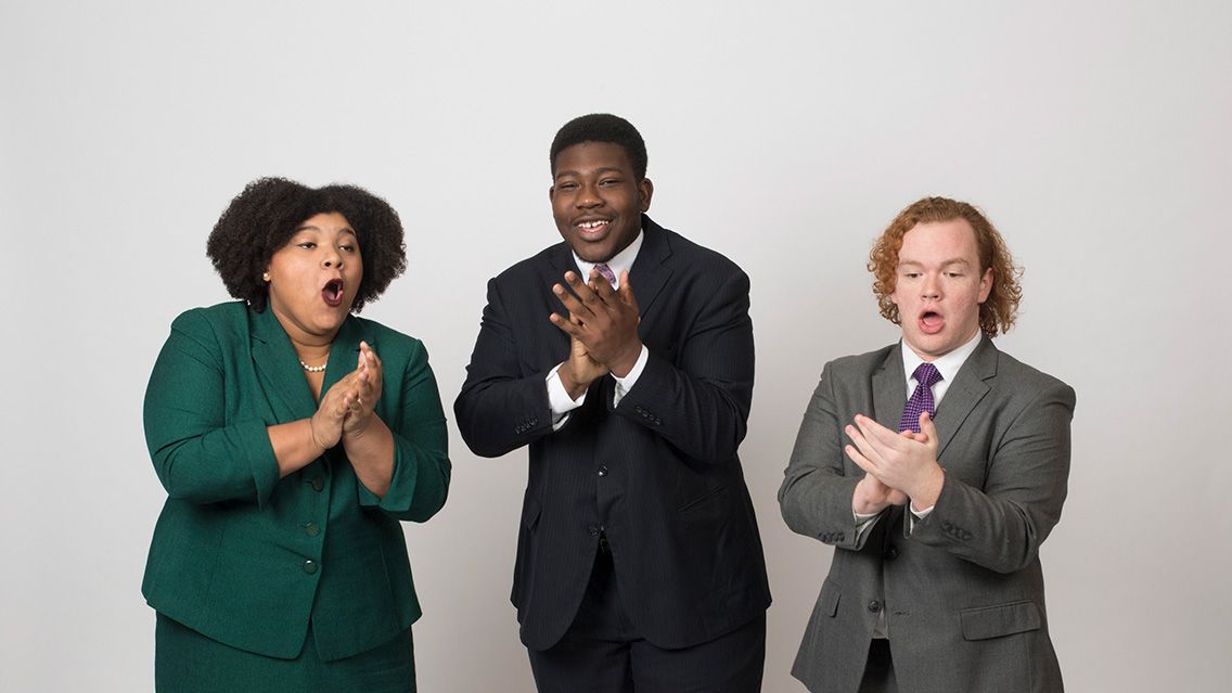 Members of Bradley's 2017 speech team show off some warm up moves in the studio. These are the kind of techniques that will be used to help students in Fragoso's project. Photo by Duane Zehr.