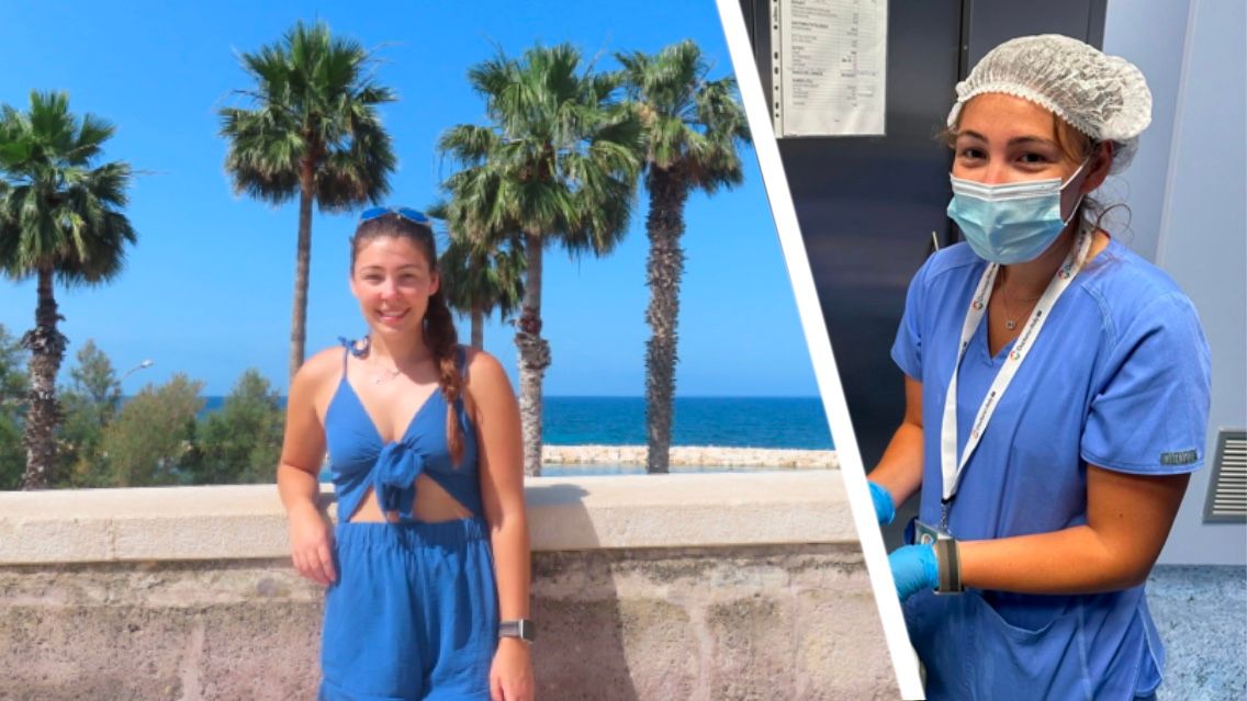 Two photos spliced together of biomedical science major Madison Forbes. On the left, she poses in front of an Italian Beach. On the right, she poses in her scrubs.